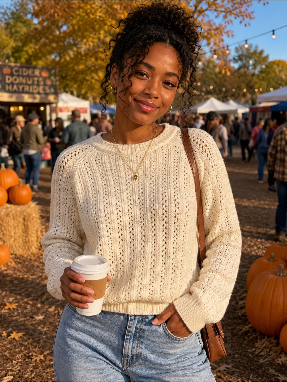 LOFT Cream Open-Knit Crewneck Sweater